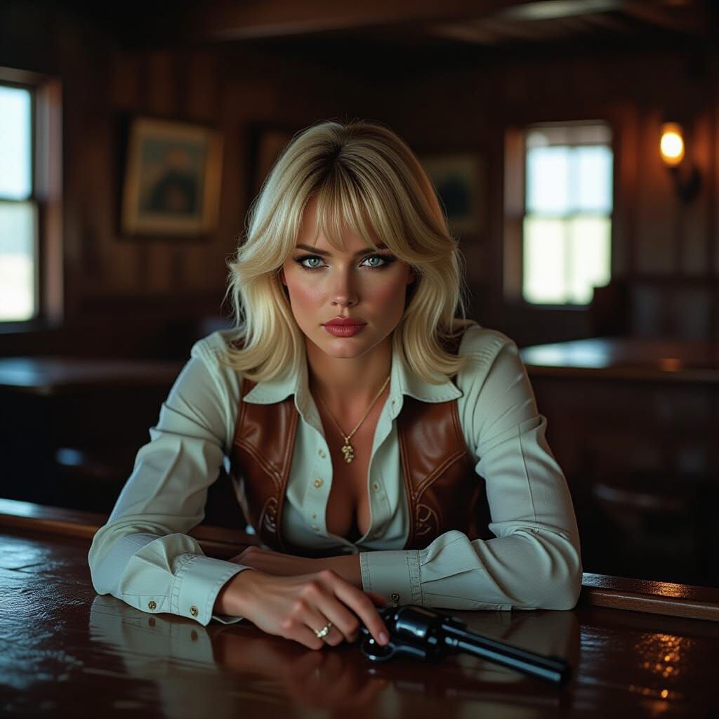 Cowgirl in Dimly Lit Texas Saloon