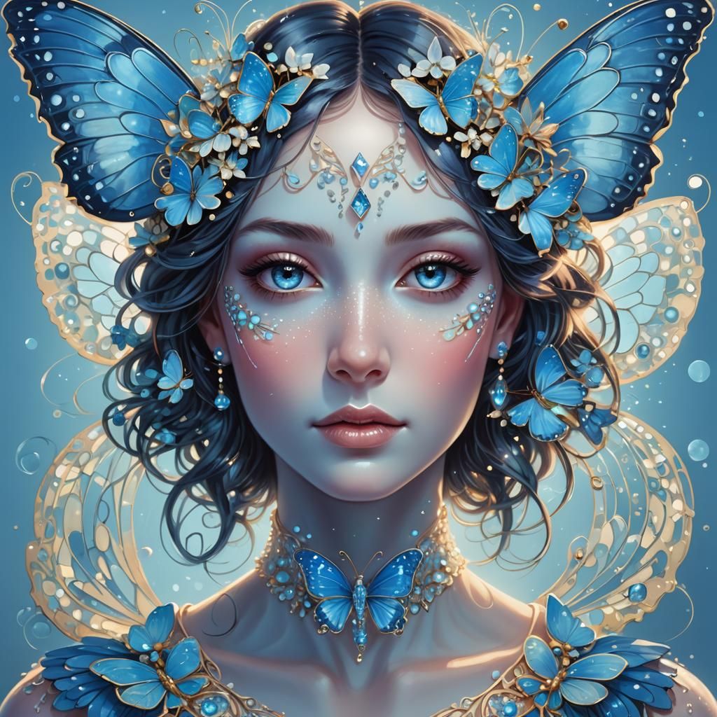 Gem-Encrusted Blue Butterfly: Art Nouveau Portrait
