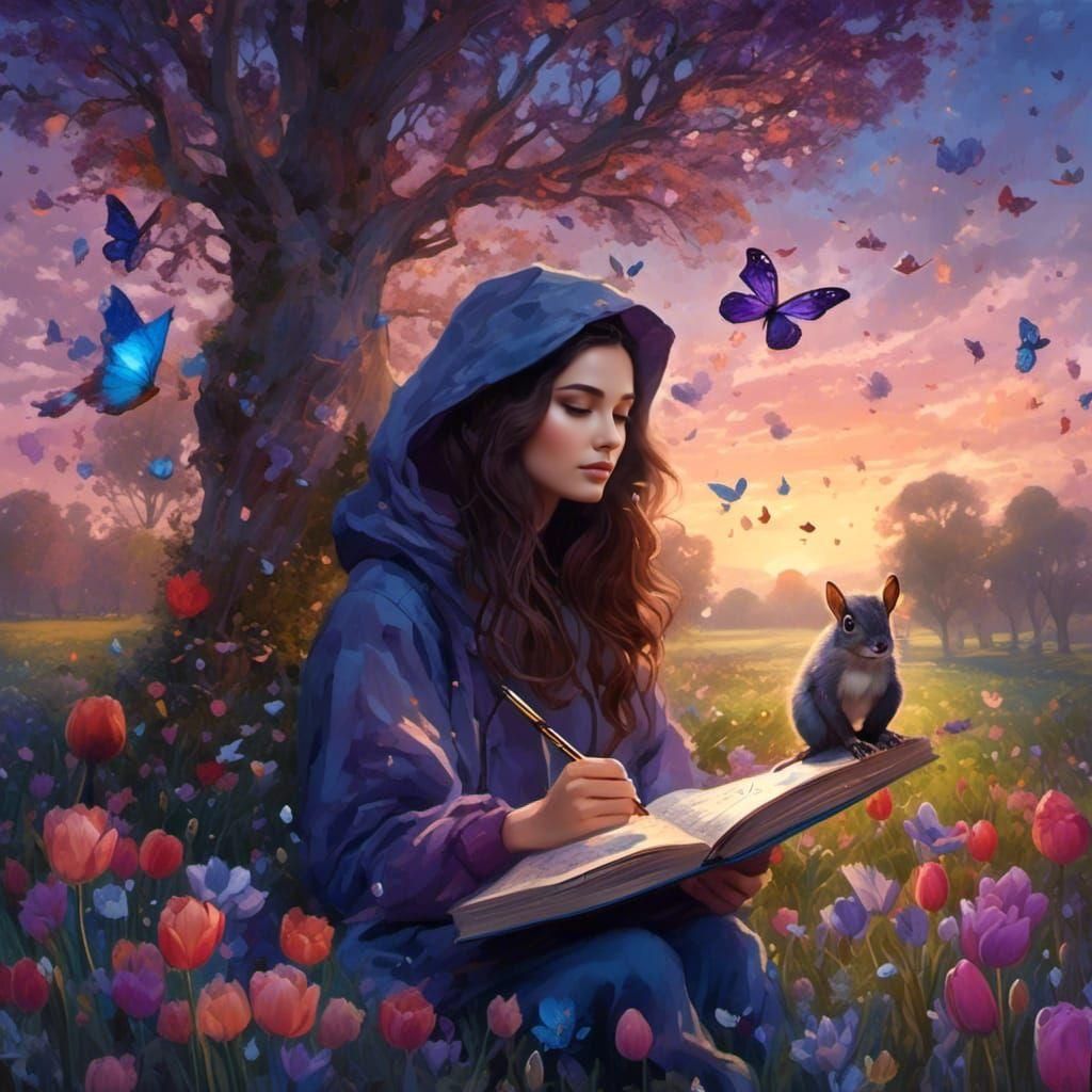 Woman Journaling in Dreamlike Hyperrealistic Landscape
