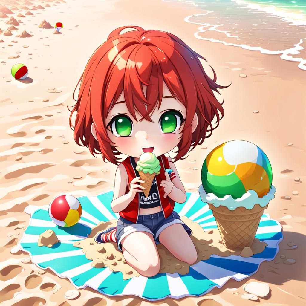Chibi Girl Enjoying Beach Day in Anime Style