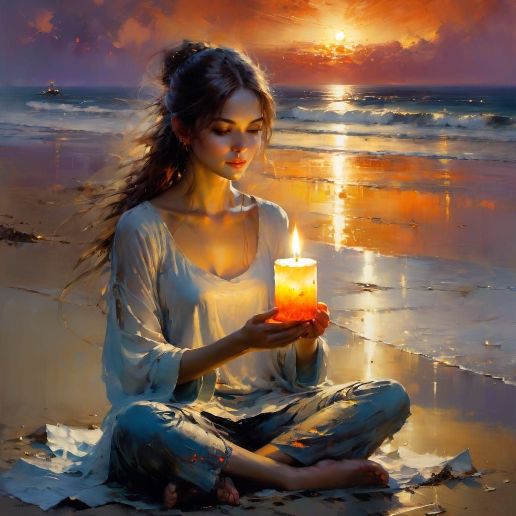 Woman Meditating by Candlelight at Sunset