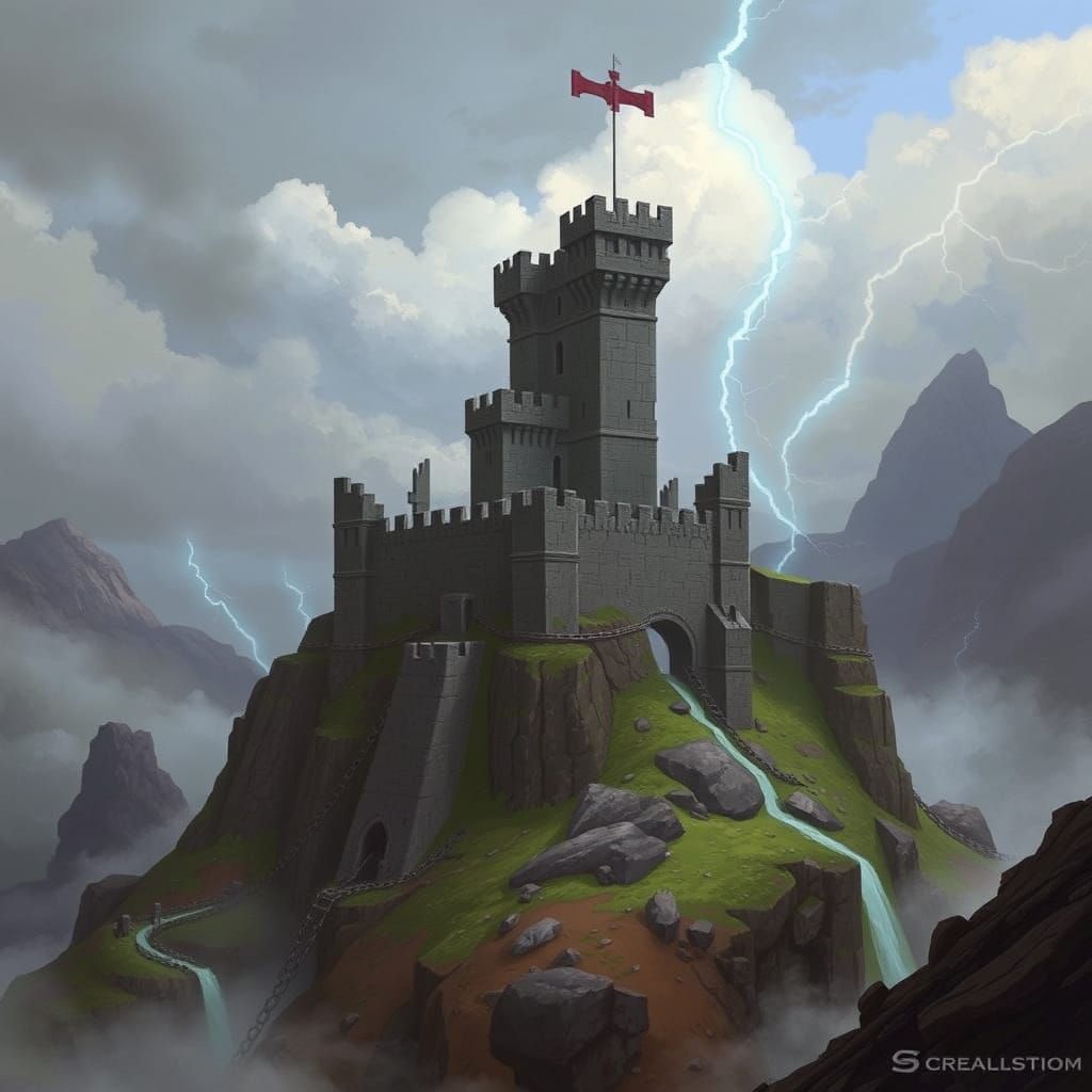 Cyberpunk Citadel Anchored Against Stormy Weather