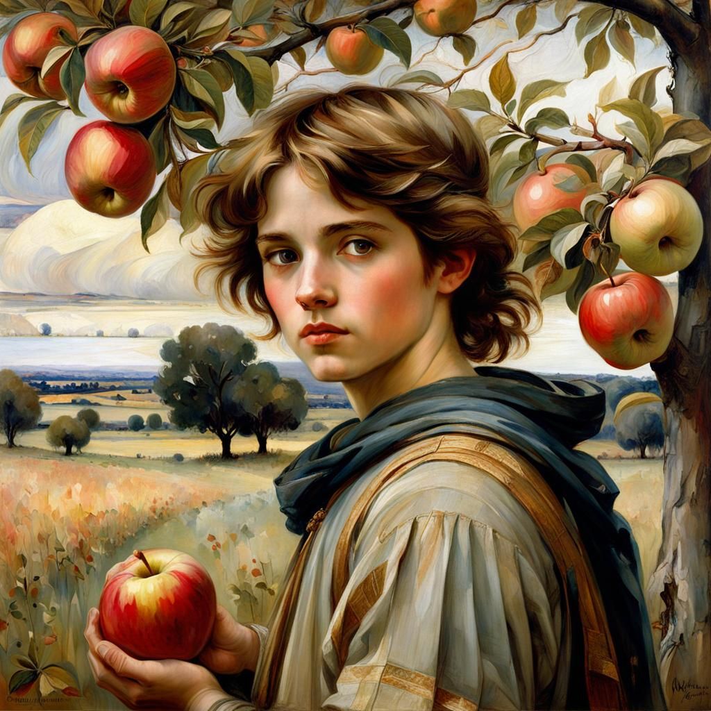 Medieval Boy in Orchard, Mosaic Style