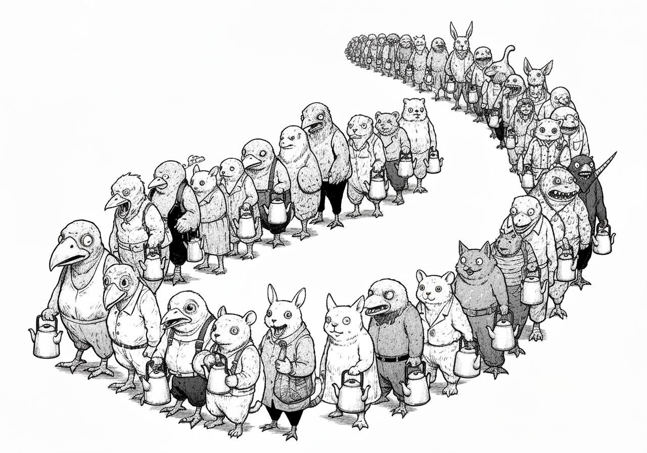 Grotesque Creatures in a Monochrome Manga Queue