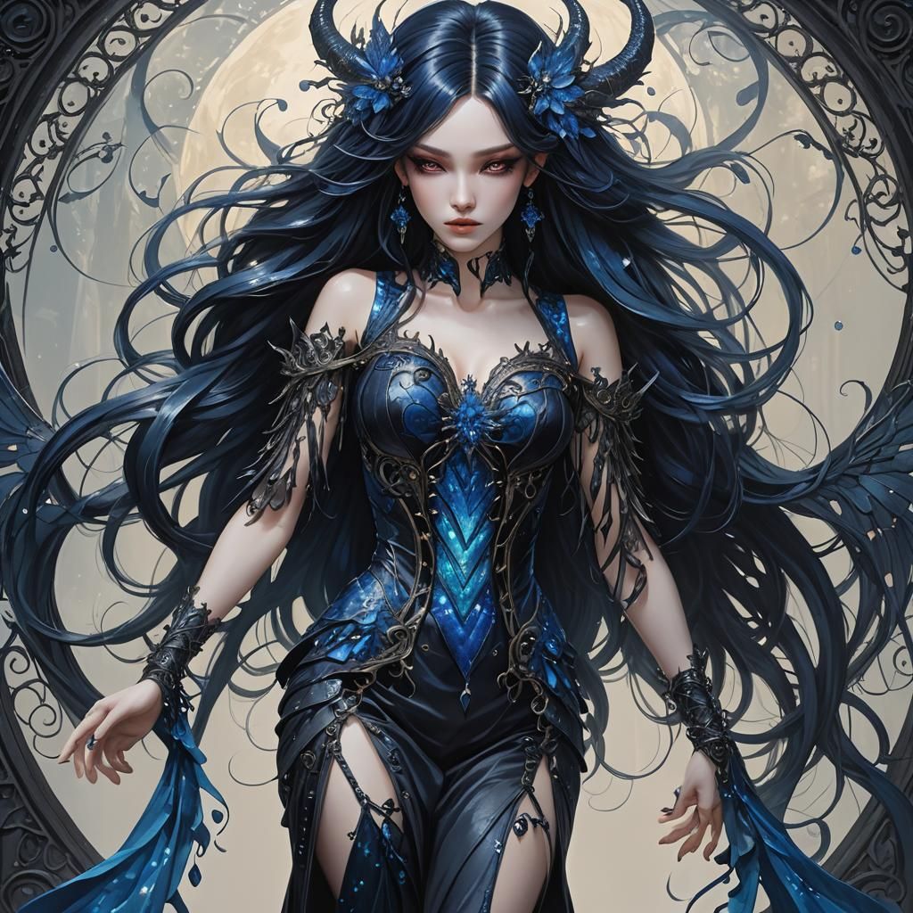 Gothic Woman with Sapphire Hair and Demon Wings