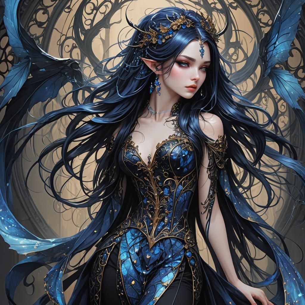 Gothic Woman with Blue Hair and Demon Wings