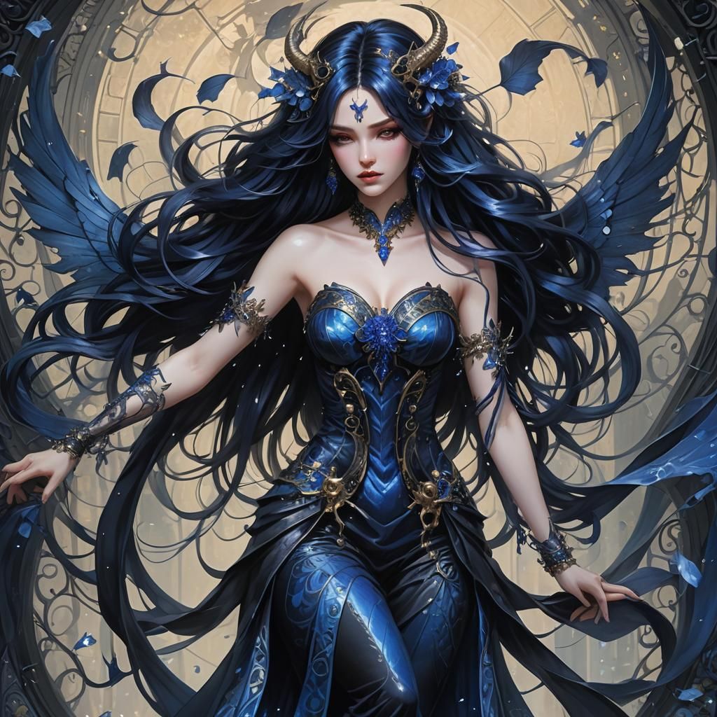 Gothic Woman with Demon Wings and Blue Hair