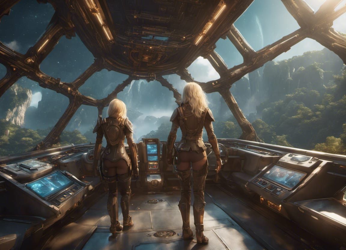 Starship Bridge View: Blonde Explorers in Canyon Jungle
