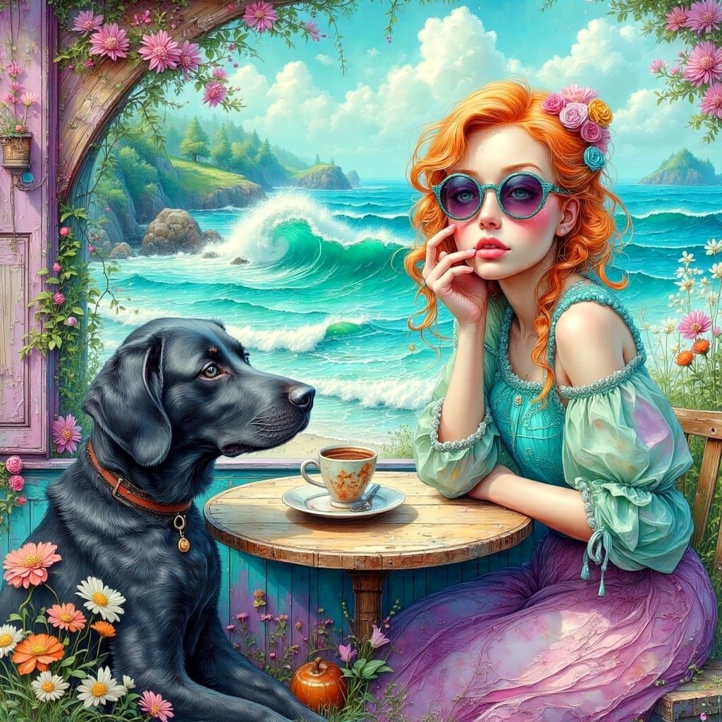 Woman and Labrador Enjoying Coffee, Watercolor Style