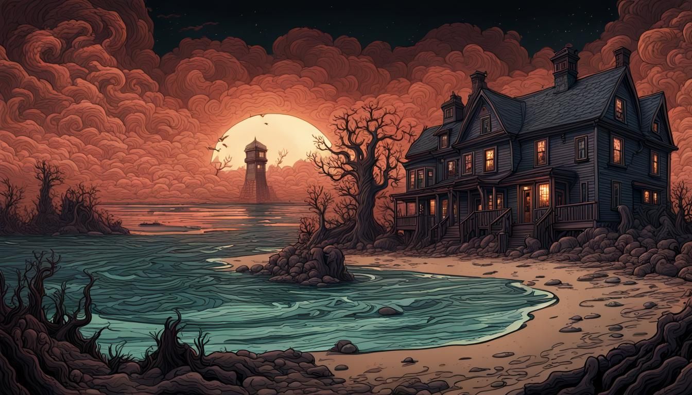 Dunwich Horror Town at Night, Tyler Stout Style