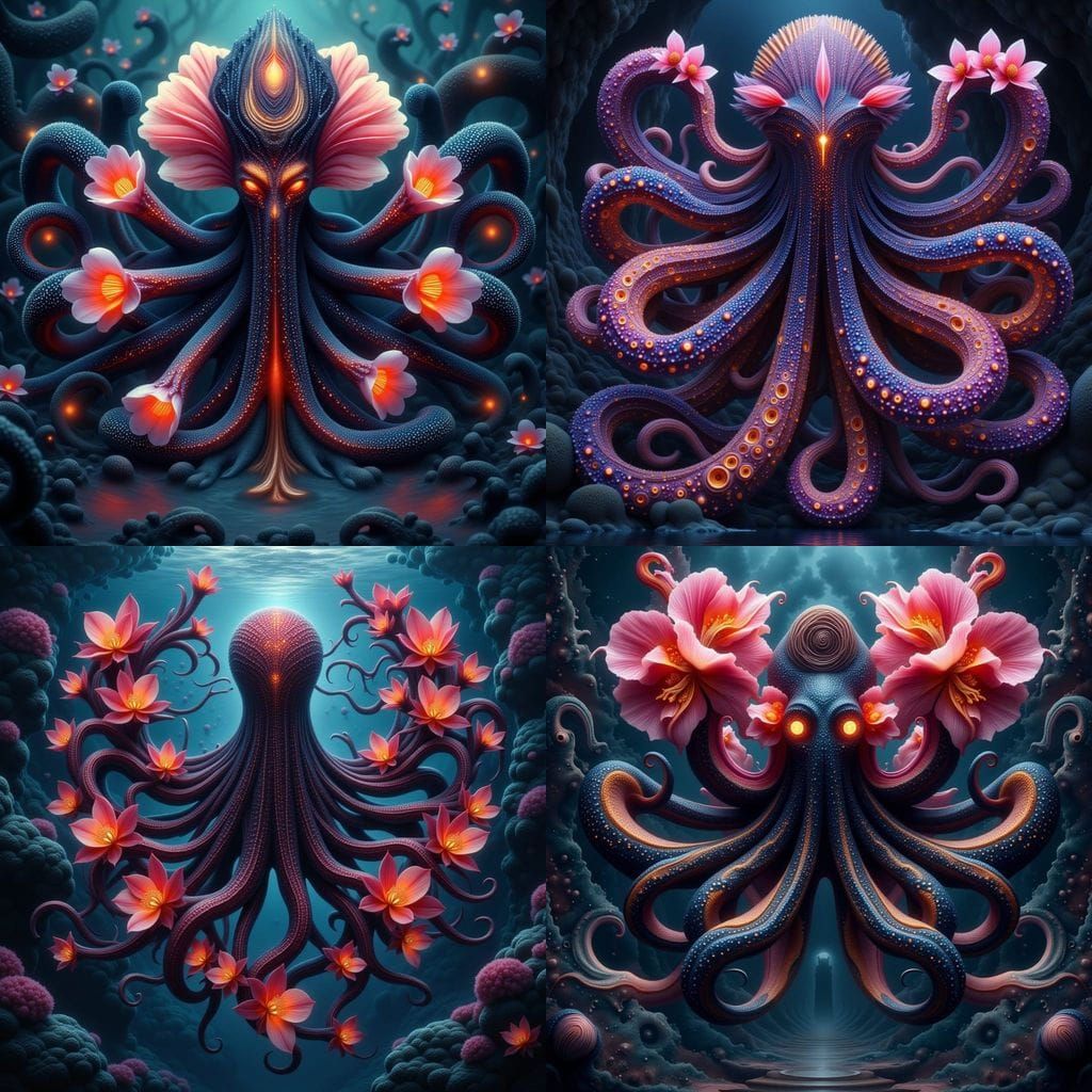 Bioluminescent Kraken with Orchid Tentacles