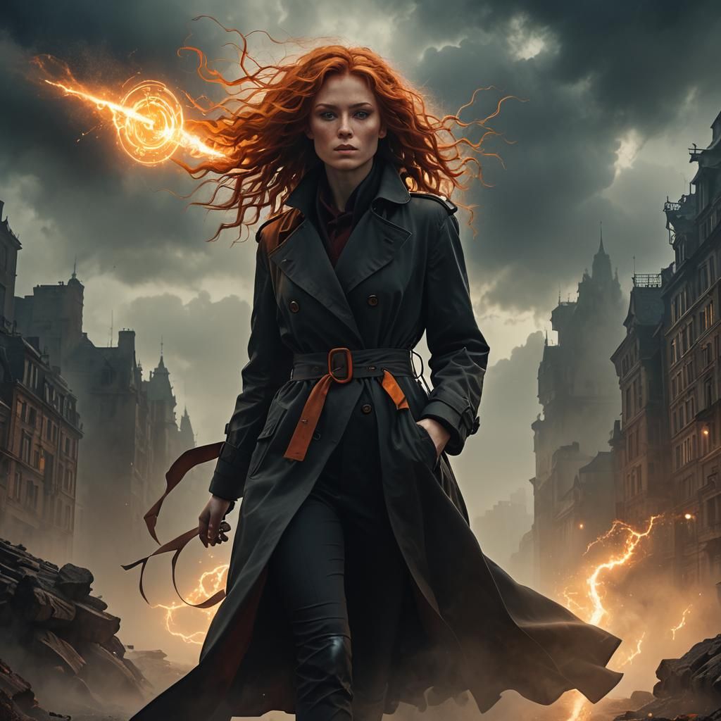 Fantasy Woman with Glowing Gear in Beksiński-Inspired Style