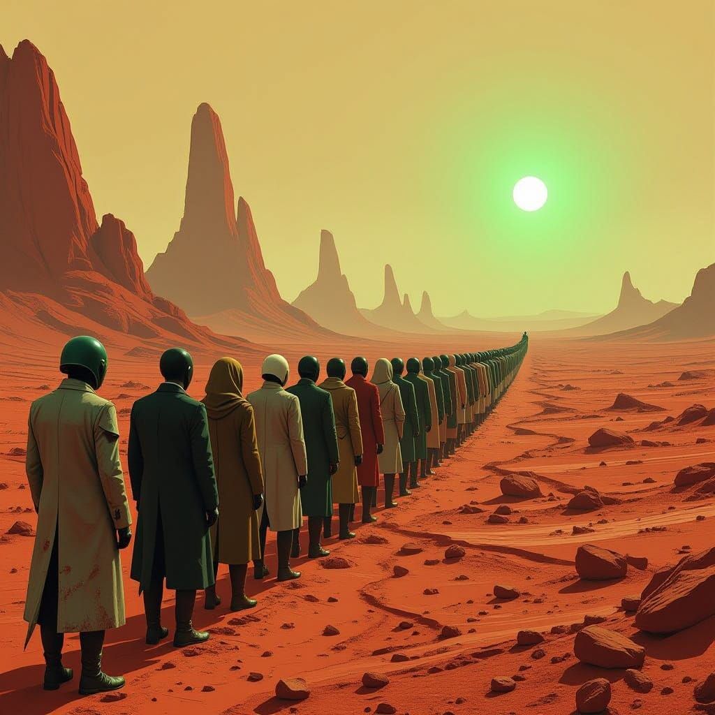 Humans Confront Execution on Barren Martian Landscape