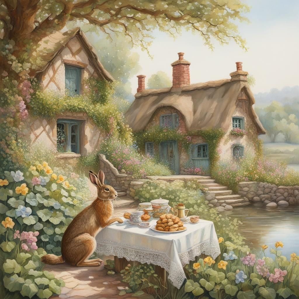 Hare in Apron Serves Treats in Fairytale Scene
