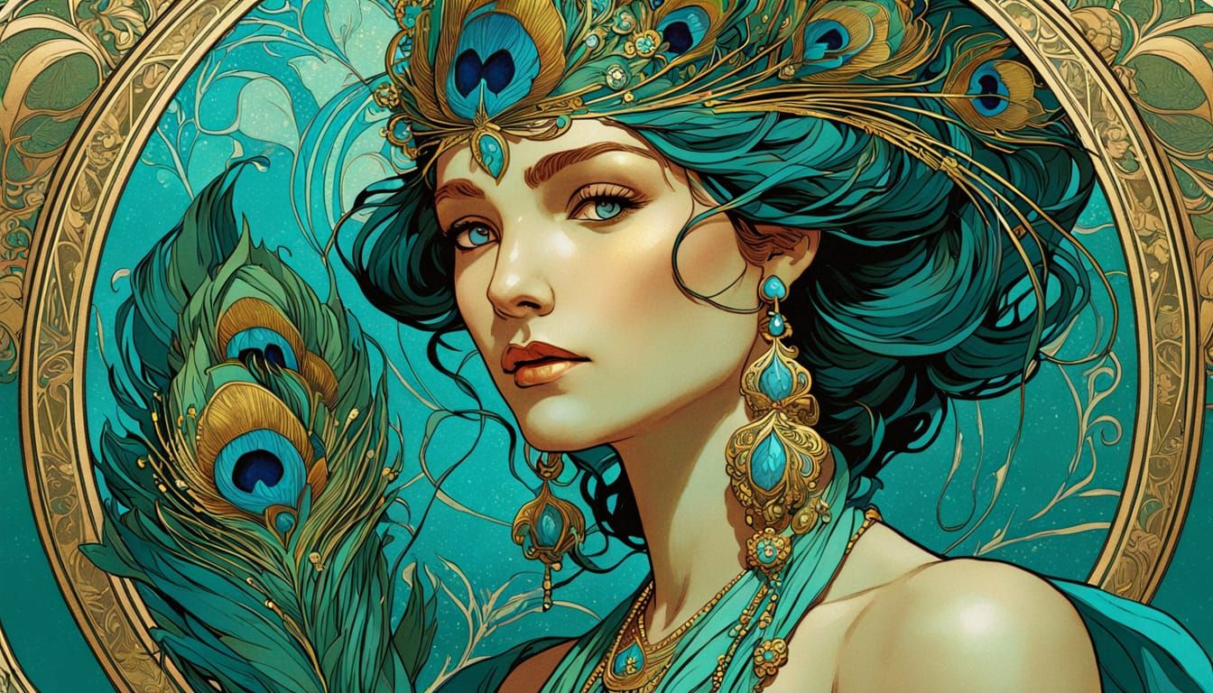Art Nouveau Goddess with Turquoise and Peacock Feathers