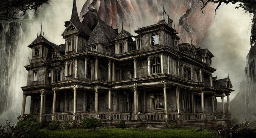 Haunted Victorian House Under Monstrous Waterfall