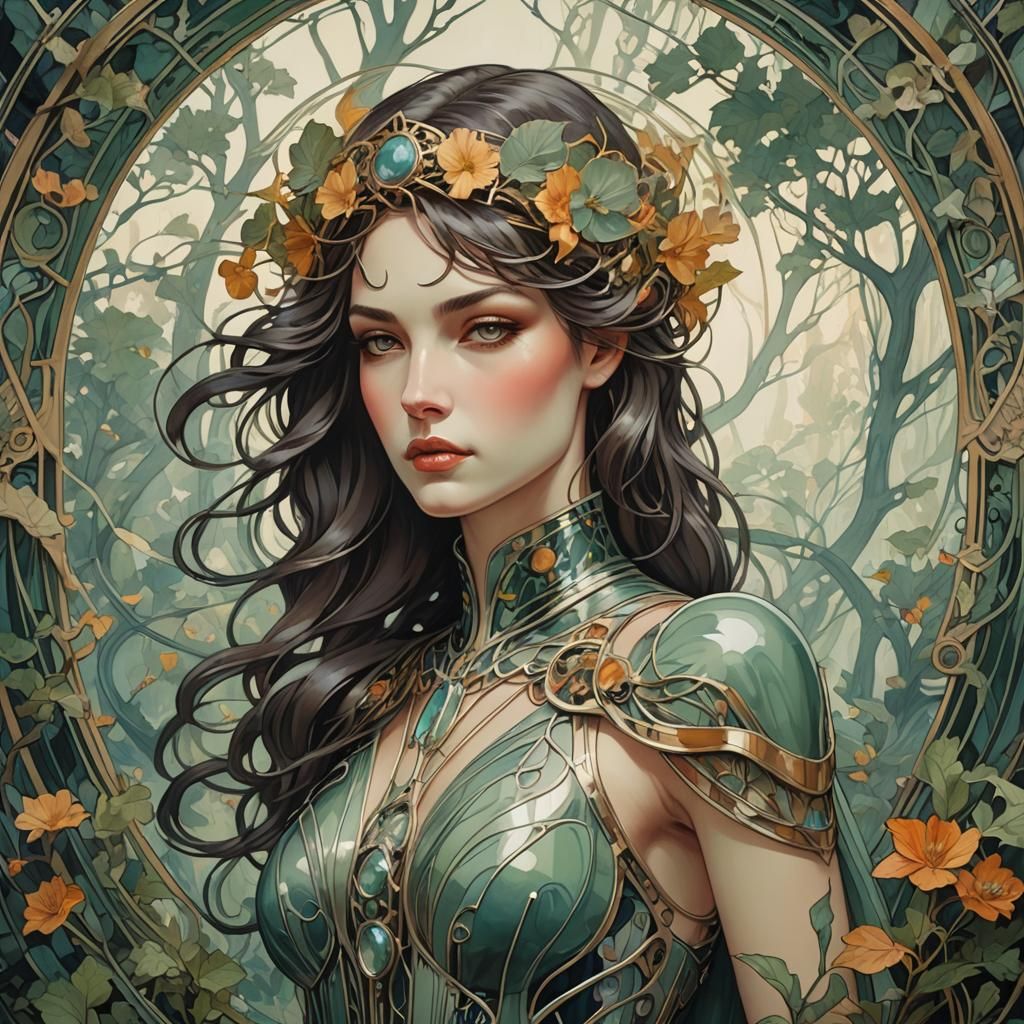 Futuristic Art Nouveau Warrior in Double Exposure