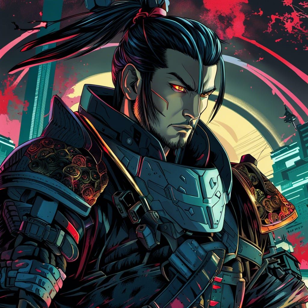 Cyberpunk Manga Portrait: Musashi in Detailed Illustration