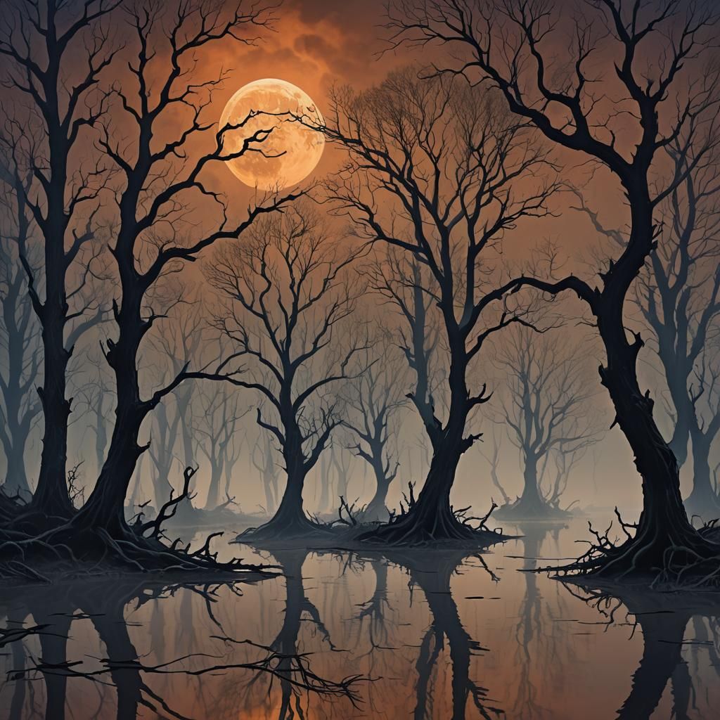 Eerie Forest at Night in Dreamlike Surrealism