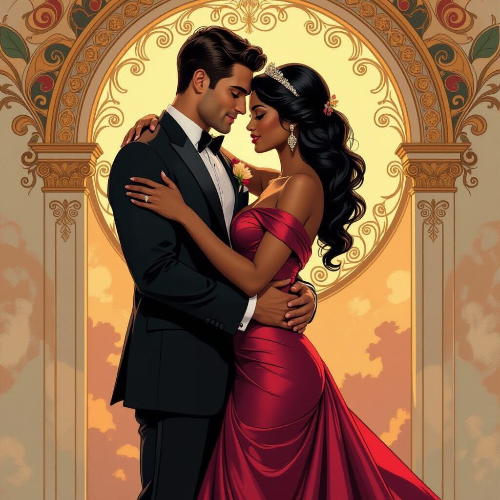 Elegant Couple Embrace: Art Nouveau Style