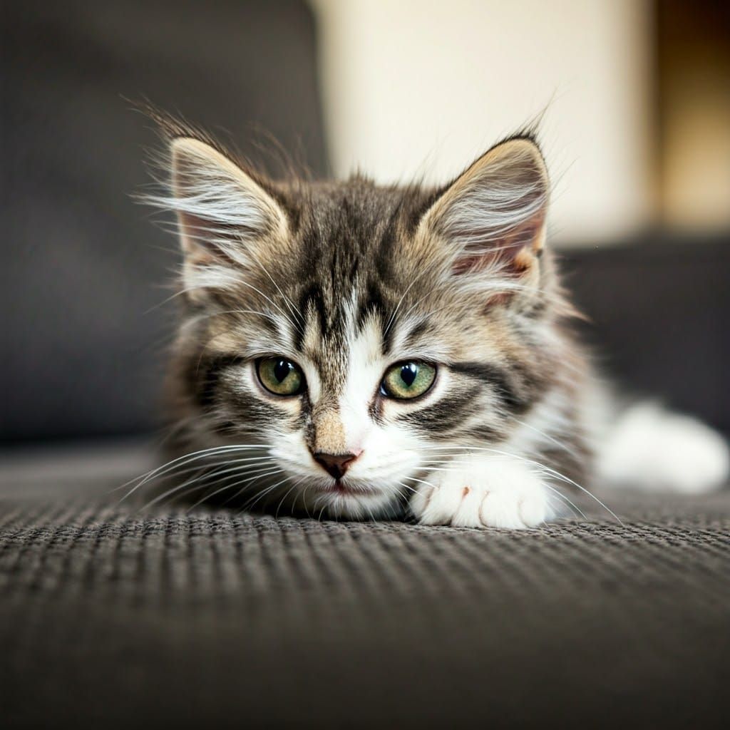 Gentle Grey Kitten on Vintage-Style Sofa