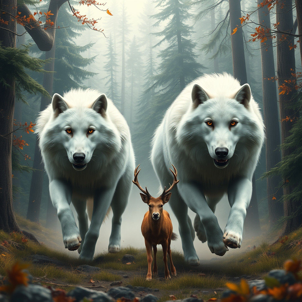Wolves Chase Deer in Mystical Forest Art
