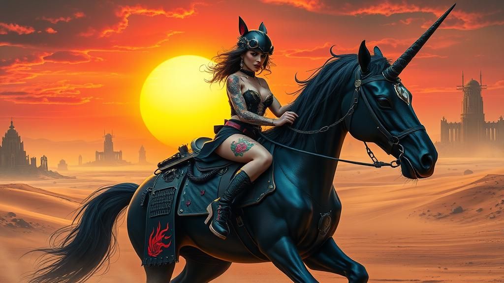 Steampunk Gothic Woman on Cybernetic Unicorn