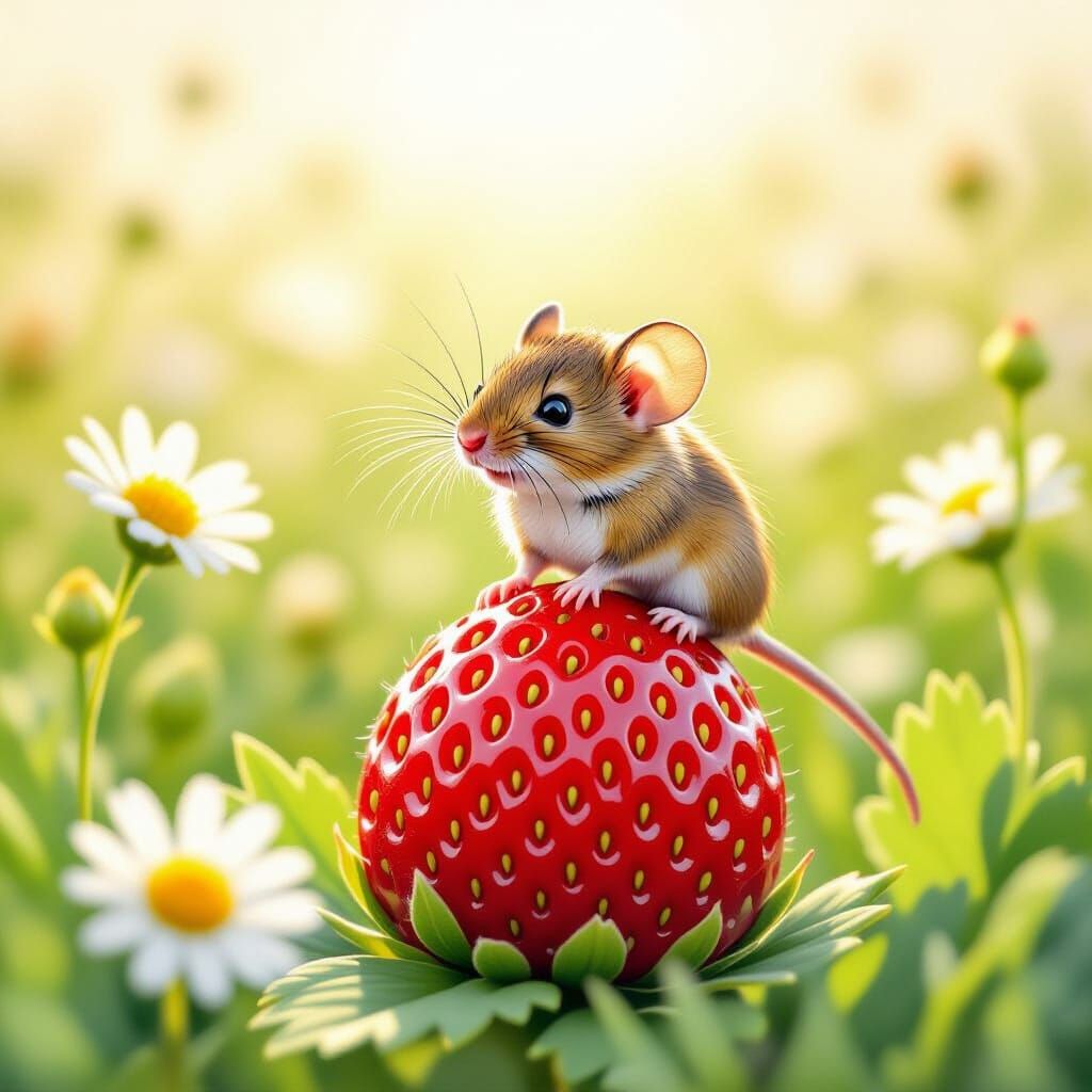 Field Mouse Reaches Strawberry Top in Sunlit Meadow