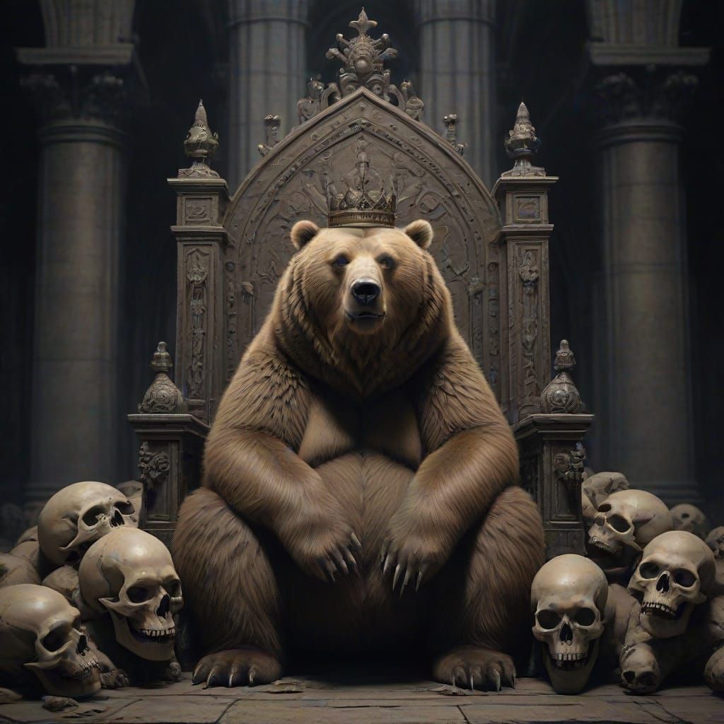 Gothic Bear King Seated on Throne of Skulls in Dark Cathedra...