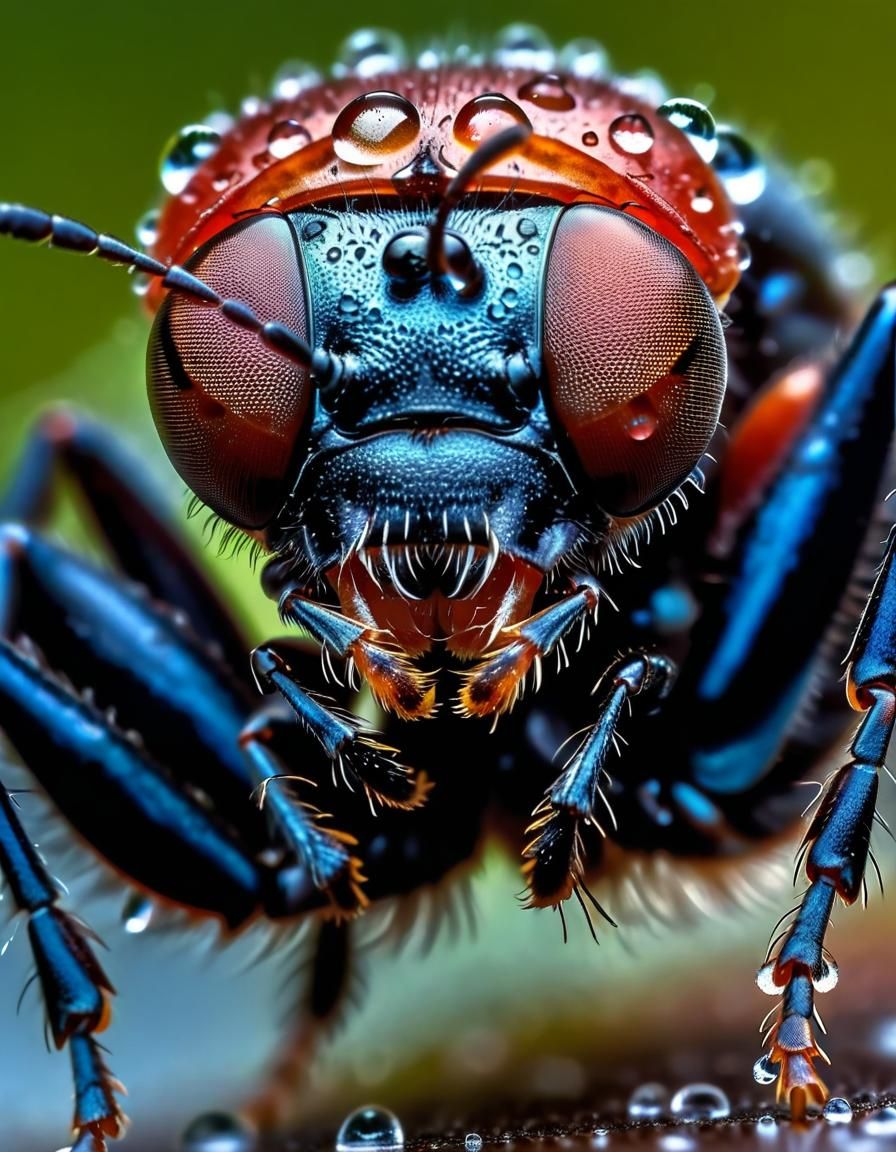 Detailed Macro Photograph of an Ant with Water Droplets