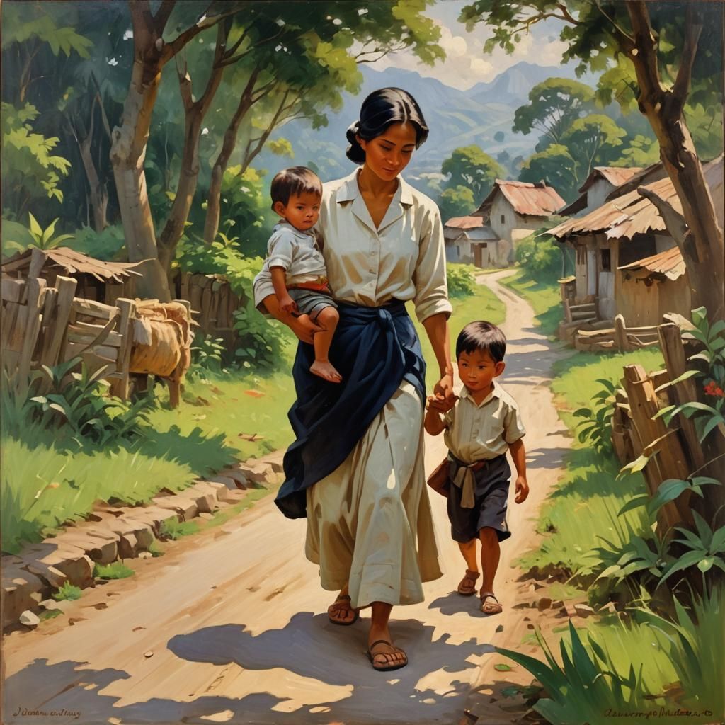 Heartwarming Rural Scene of Mother and Child