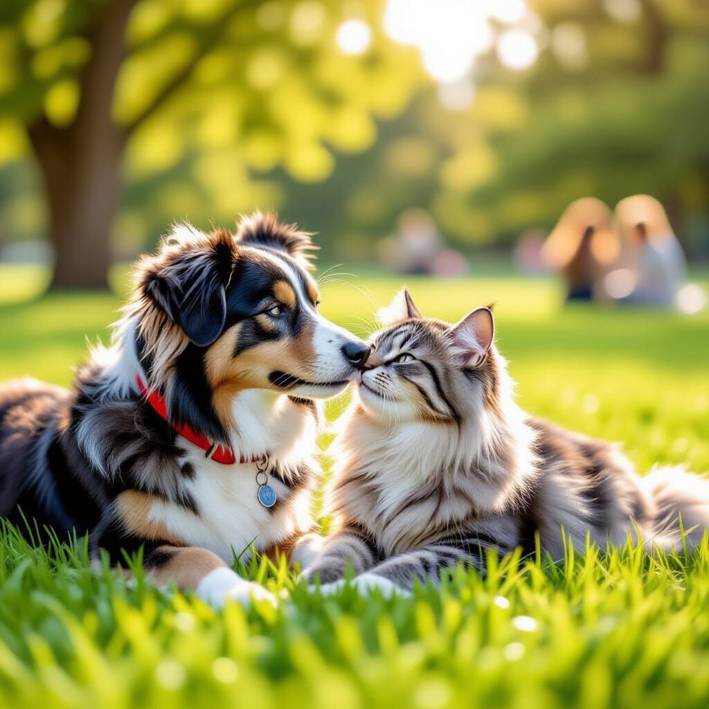 Heartwarming Dog and Cat Cuddle in Sunny Park