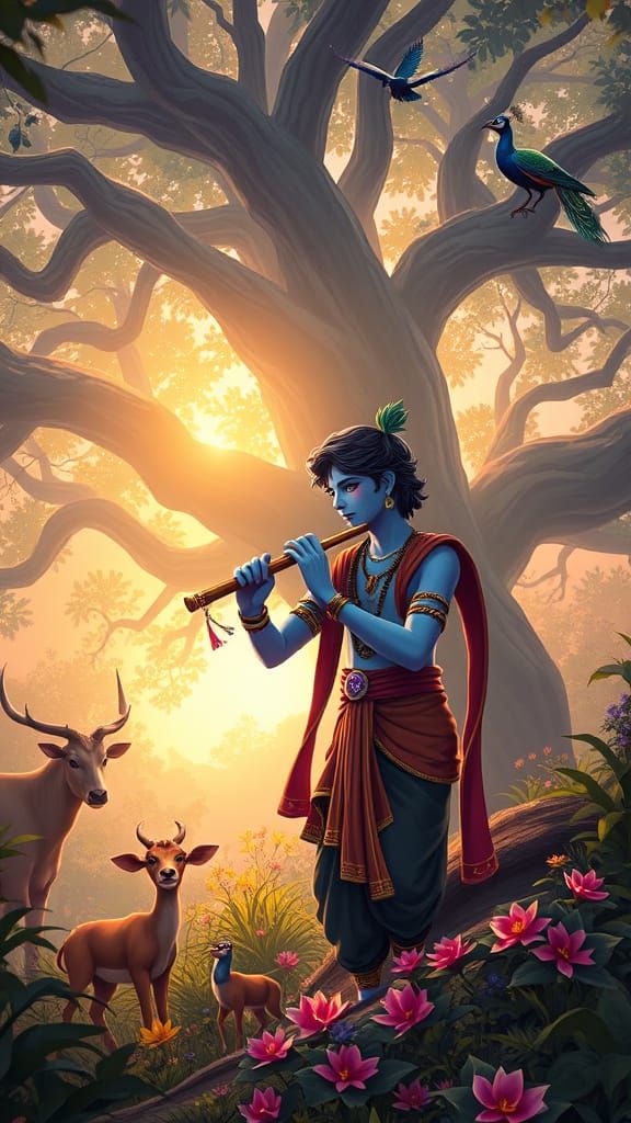 Anime-Inspired Scene of Romantic Krishna in a Vibrant Jungle