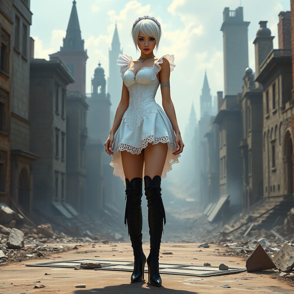 Slim Maid Warrior in Ruined City