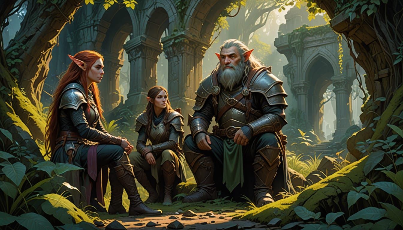 Troll and Elf Ranger Discuss in Dwarven Ruins