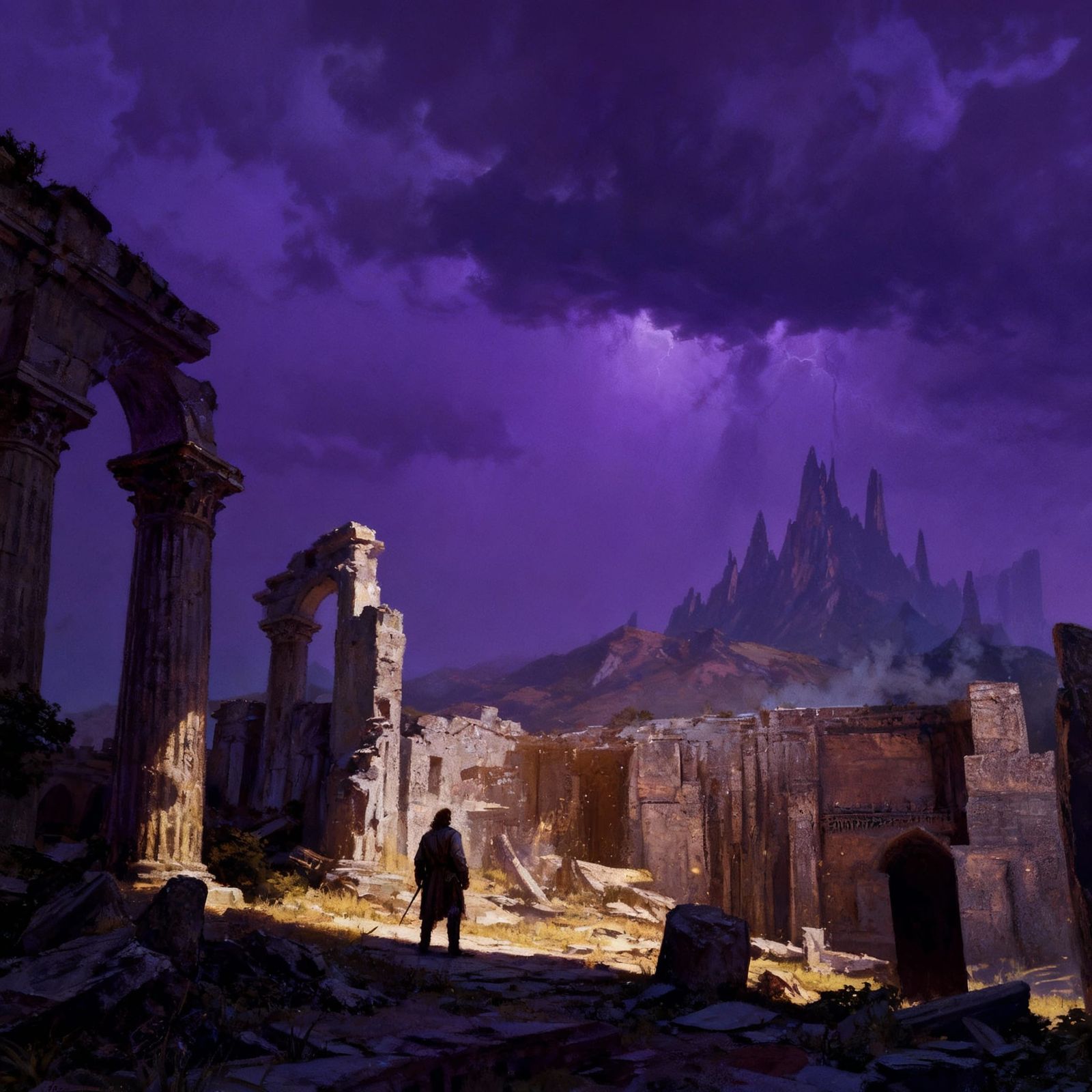 Desolate Ruins Under Stormy Purple Sky