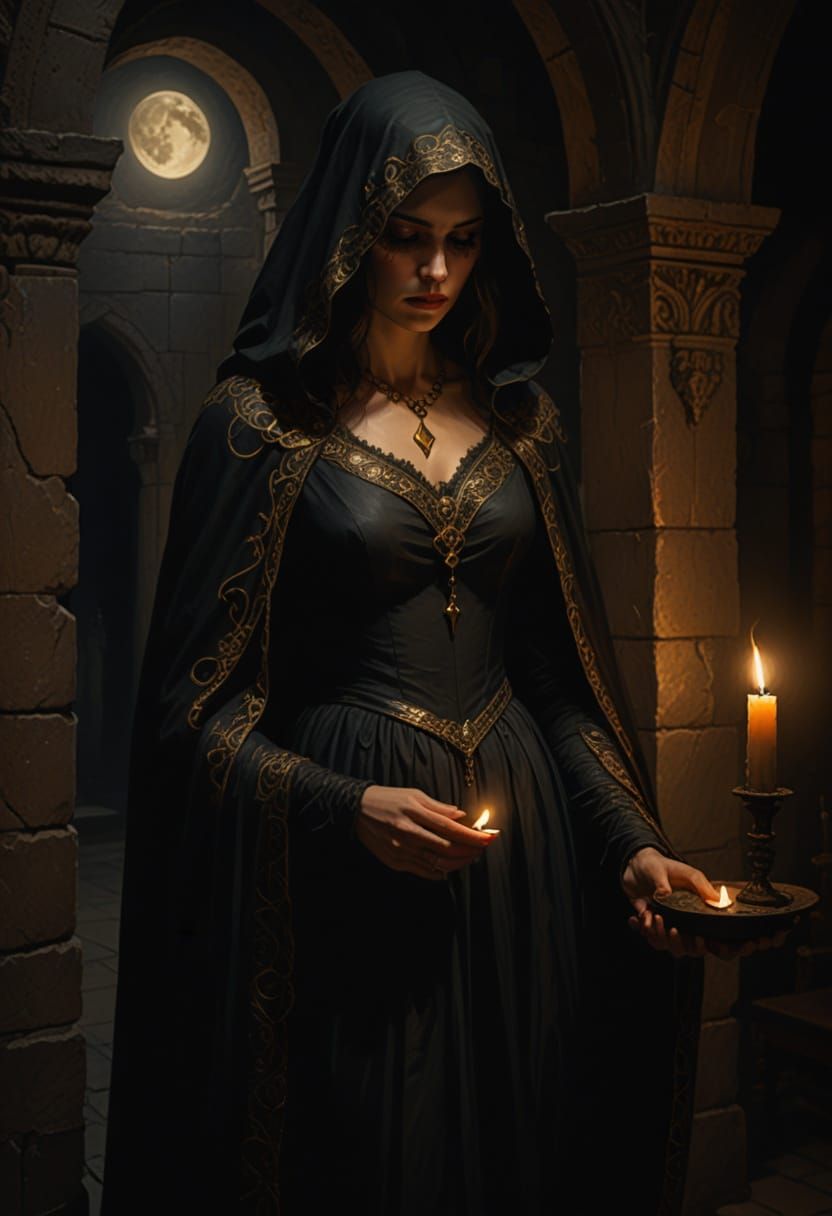 Gothic Cloaked Woman in Ornate Stone Interior