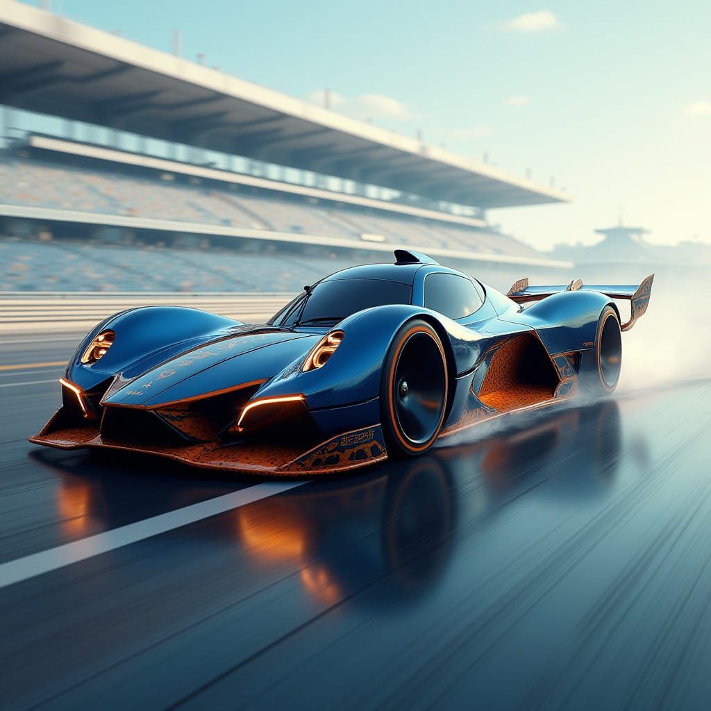 Sleek Blue Racing Machine Blurs Background in Hyperrealistic...