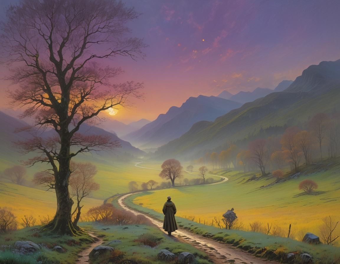 Twilight Valley Landscape Painting in Impressionist Style