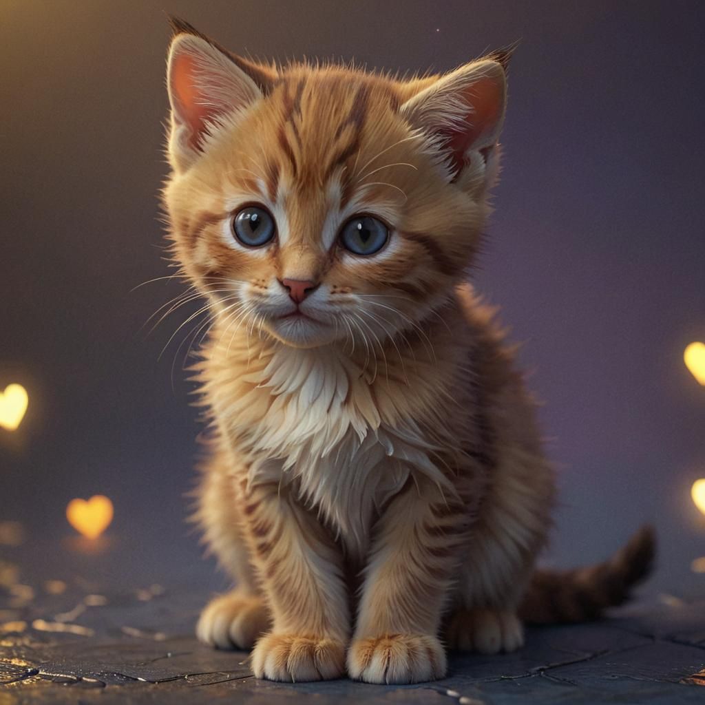 Glowing Heart Kitten in Low-Poly Fantasy Art