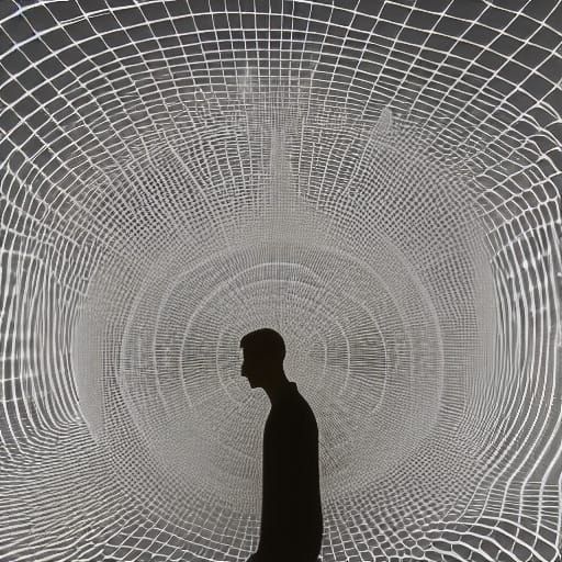 Surreal Mid Shot of a Figure Standing on an Architectural Fo...