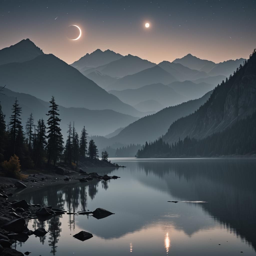 Moonlit Lake Eclipse: Tranquil Mountain Scene