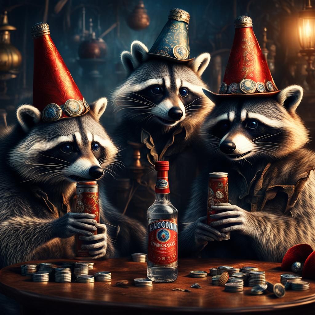 Raccoons Celebrate with Vodka in Russian Hats
