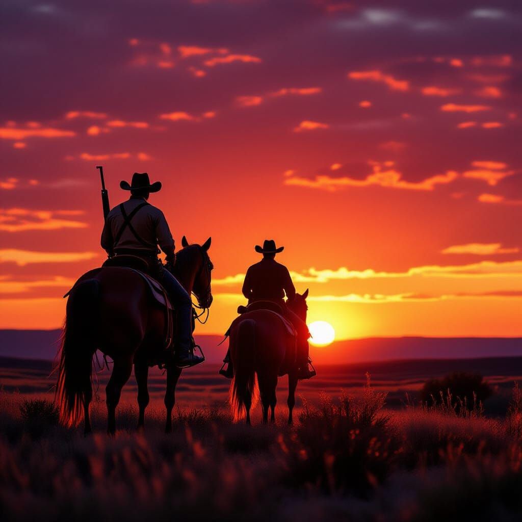 Cowboy and Horse Silhouetted Against Sunset