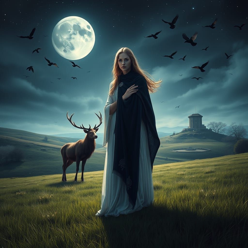 Celtic Priestess and Stag in Moonlit Meadow
