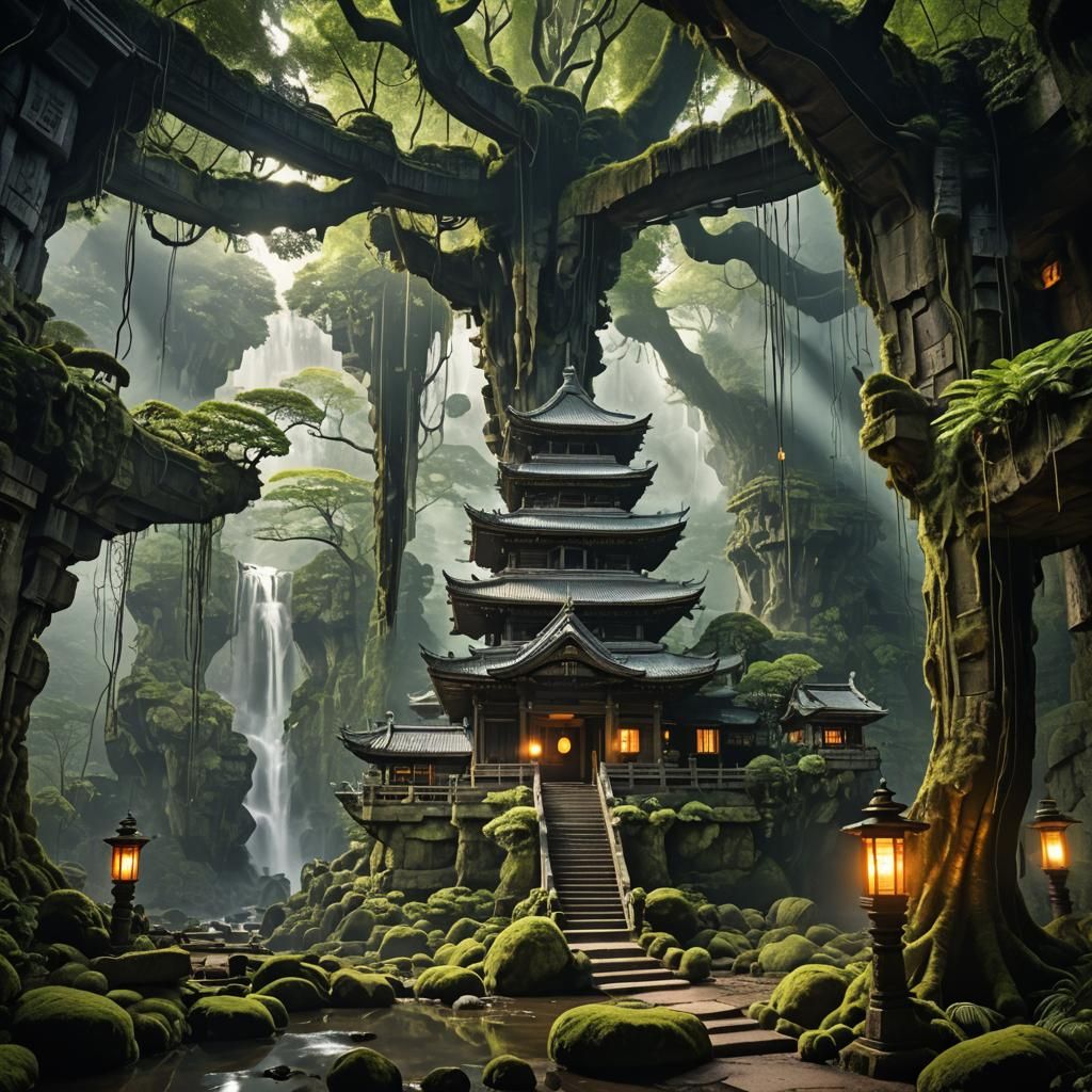 Ancient Temple in Rainforest Cave with Waterfall