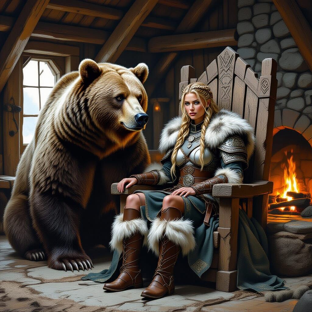 Viking Queen on Stone Throne with Bear