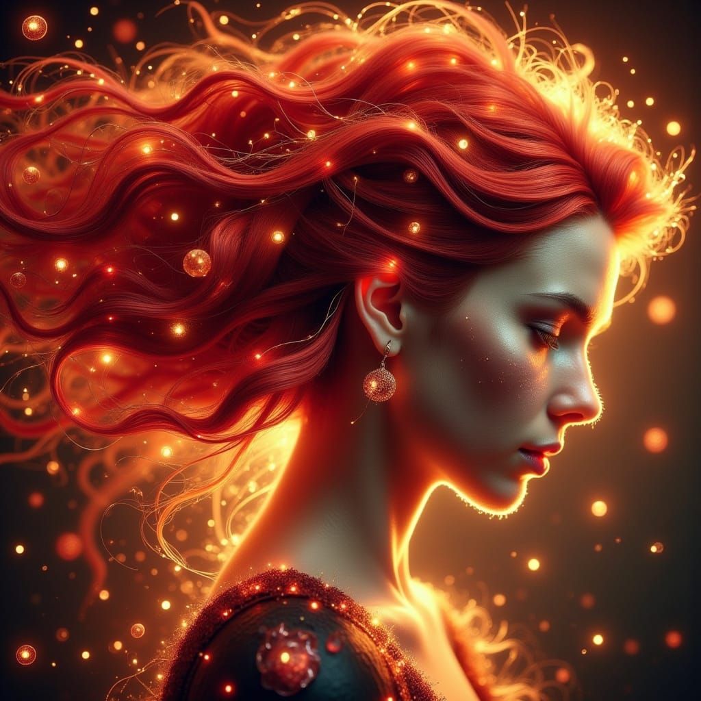 Hyperrealistic Woman Dancing in Vibrant Crowd with Fiery Red...