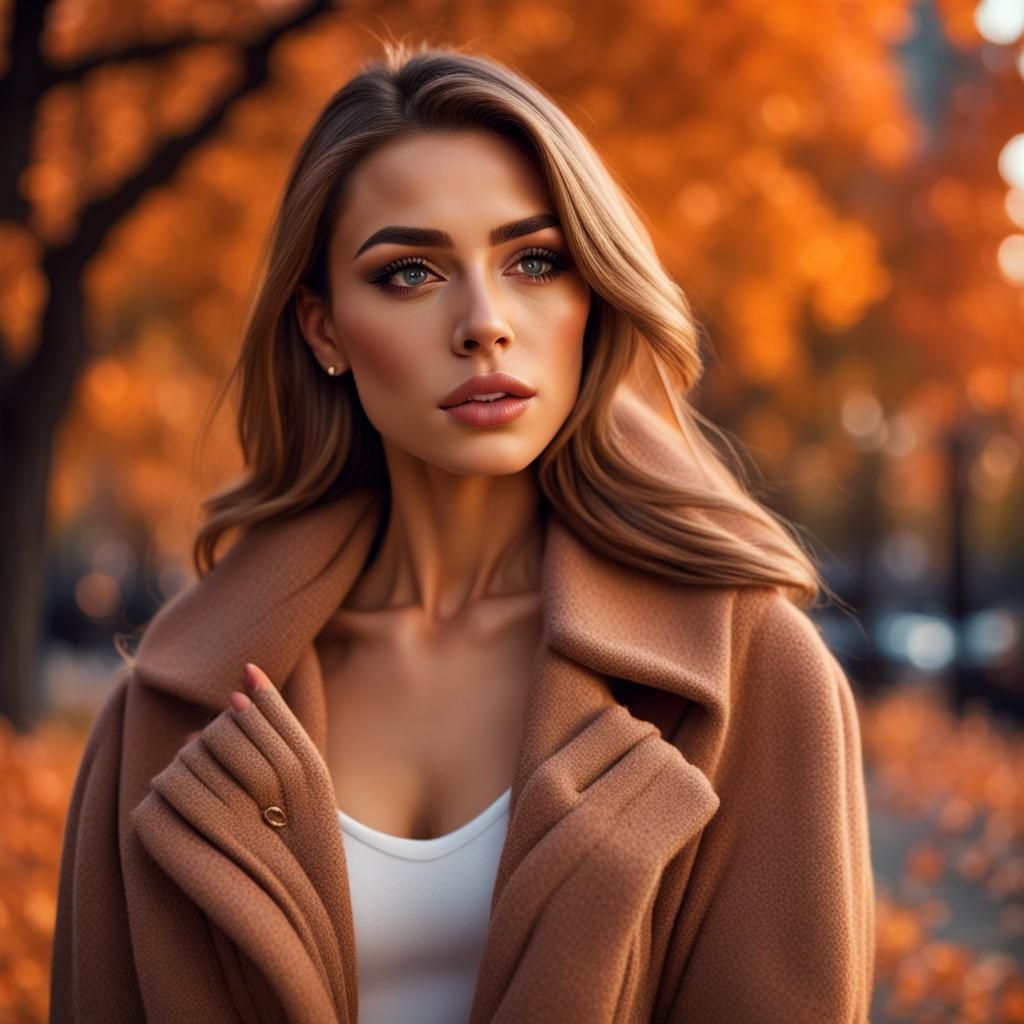 Beautiful Woman in Autumn Evening, City Park