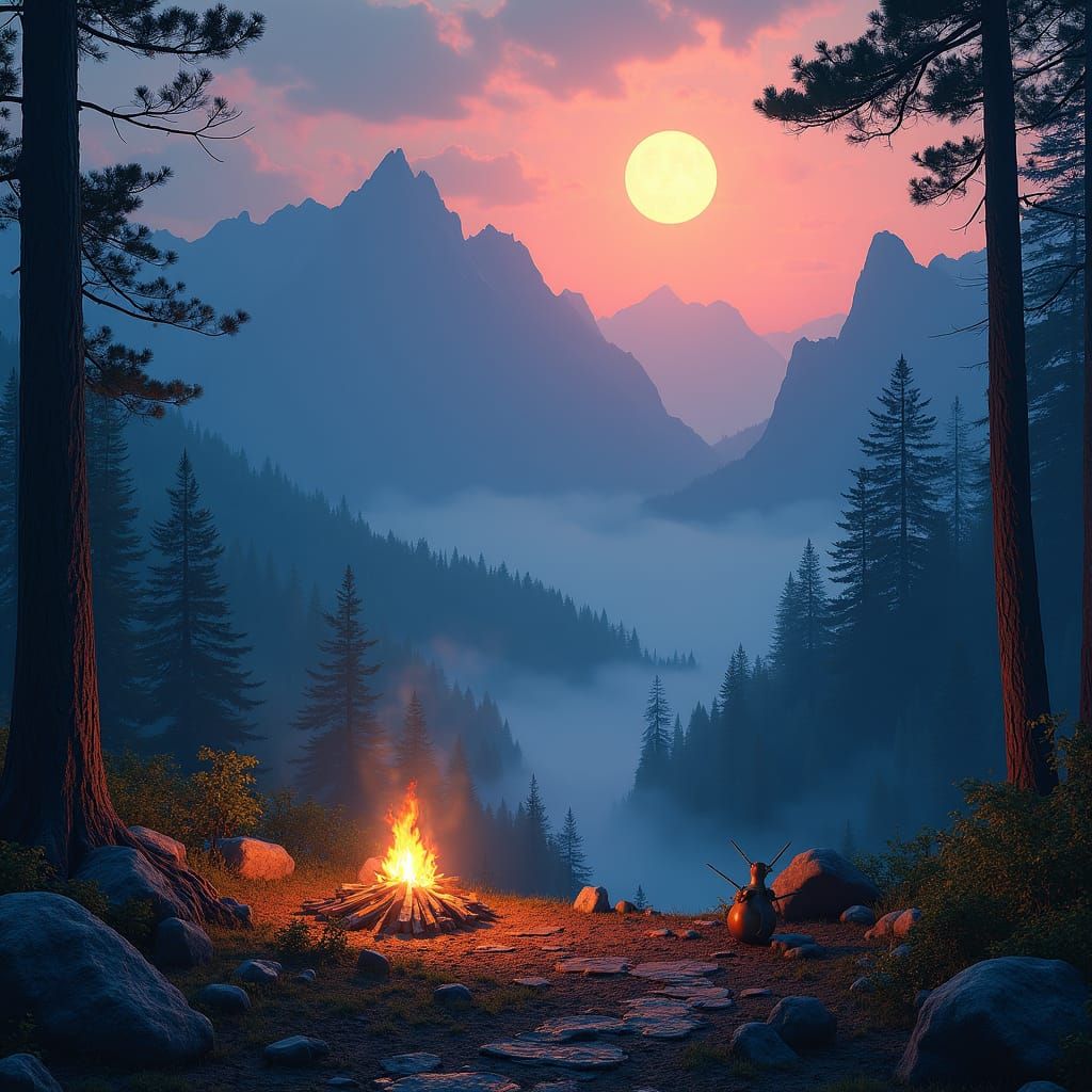 Magical Mountain Campfire at Dusk: Matte Painting